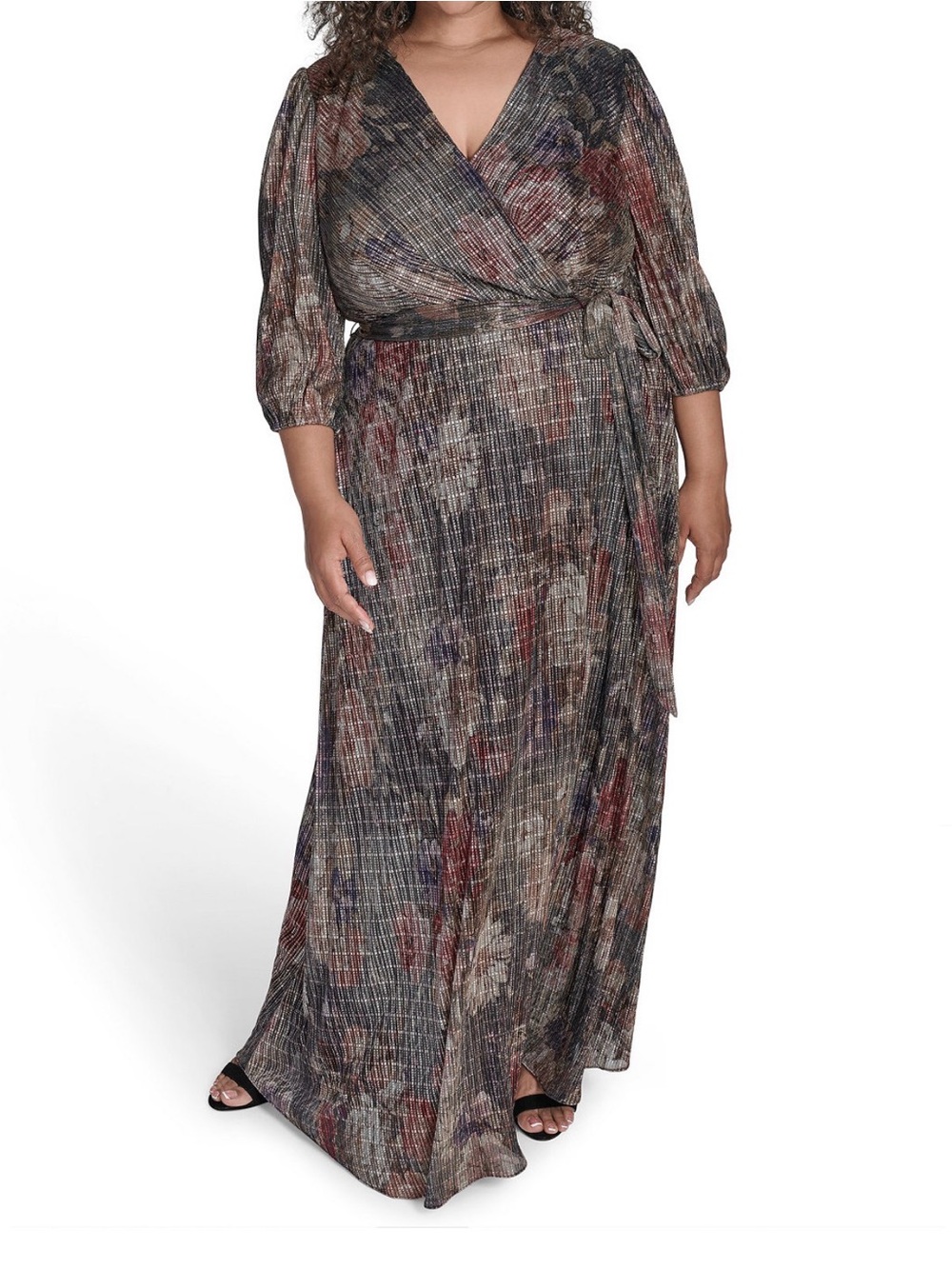 Jessica Howard Plus Size Women's Side Tuck 3/4-Sleeve Maxi Gown Multi Sz 24W New
